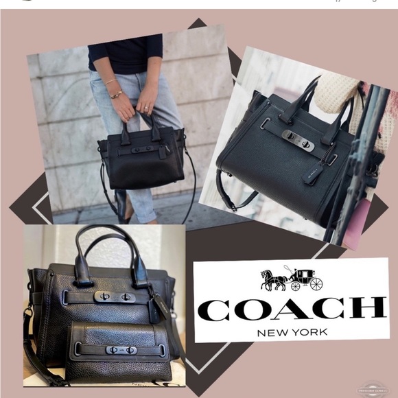 Coach *RARE* Swagger 37 Bag in pebbled black leather and matte black hardware - Picture 2 of 12